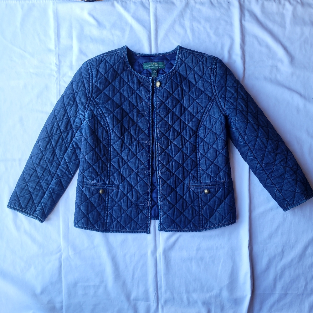 LRL Lauren Ralph Lauren quilted jacket XS navy blue, missing some buttons